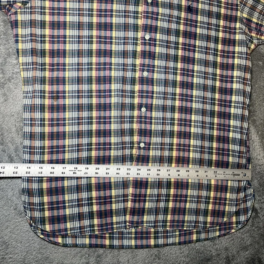 VTG Ralph Lauren Mcmeel Short Sleeve Plaid Polo Button Down Shirt Navy Pony SZ L